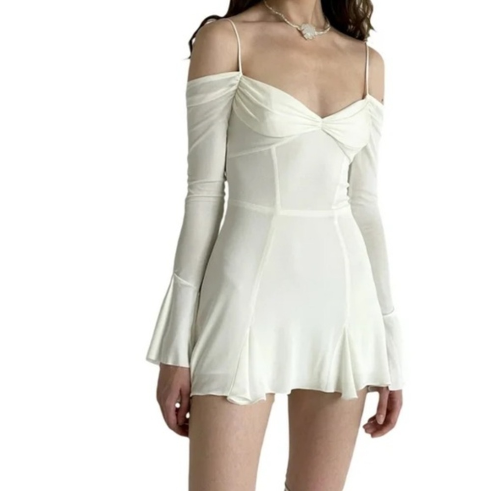 Princess Polly Cream Off-Shoulder Long Sleeve Mesh Mini Dress